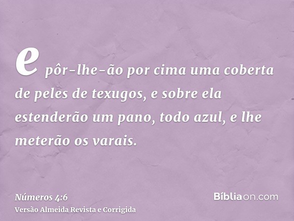 e pôr-lhe-ão por cima uma coberta de peles de texugos, e sobre ela estenderão um pano, todo azul, e lhe meterão os varais.