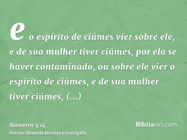 e o espírito de ciúmes vier sobre ele, e de sua mulher tiver ciúmes, por ela se haver contaminado, ou sobre ele vier o espírito de ciúmes, e de sua mulher tiver