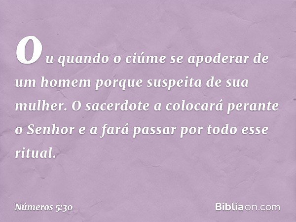 ou quando o ciúme se apoderar de um homem porque suspeita de sua mulher. O sacerdote a colocará perante o Senhor e a fará passar por todo esse ritual. -- Número