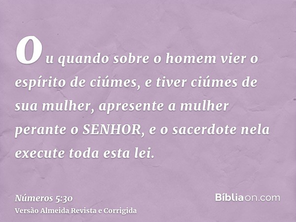 ou quando sobre o homem vier o espírito de ciúmes, e tiver ciúmes de sua mulher, apresente a mulher perante o SENHOR, e o sacerdote nela execute toda esta lei.