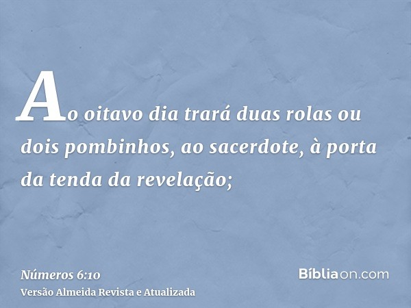 Ao oitavo dia trará duas rolas ou dois pombinhos, ao sacerdote, à porta da tenda da revelação;