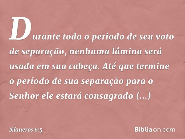 "Durante todo o período de seu voto de separação, nenhuma lâmina será usada em sua cabeça. Até que termine o período de sua separação para o Senhor ele estará c