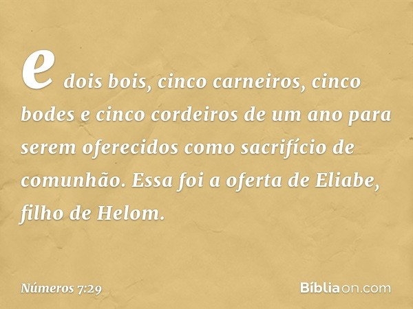 e dois bois, cinco carneiros, cinco bodes e cinco cordeiros de um ano para serem oferecidos como sacrifício de comunhão. Essa foi a oferta de Eliabe, filho de H