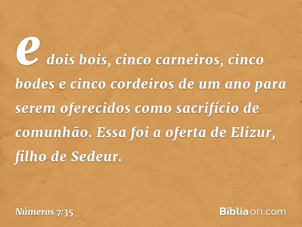 e dois bois, cinco carneiros, cinco bodes e cinco cordeiros de um ano para serem oferecidos como sacrifício de comunhão. Essa foi a oferta de Elizur, filho de S