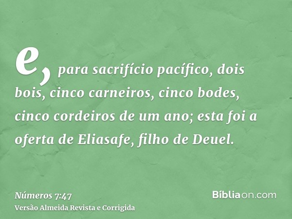 e, para sacrifício pacífico, dois bois, cinco carneiros, cinco bodes, cinco cordeiros de um ano; esta foi a oferta de Eliasafe, filho de Deuel.