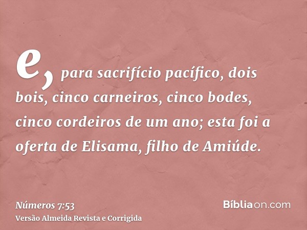 e, para sacrifício pacífico, dois bois, cinco carneiros, cinco bodes, cinco cordeiros de um ano; esta foi a oferta de Elisama, filho de Amiúde.