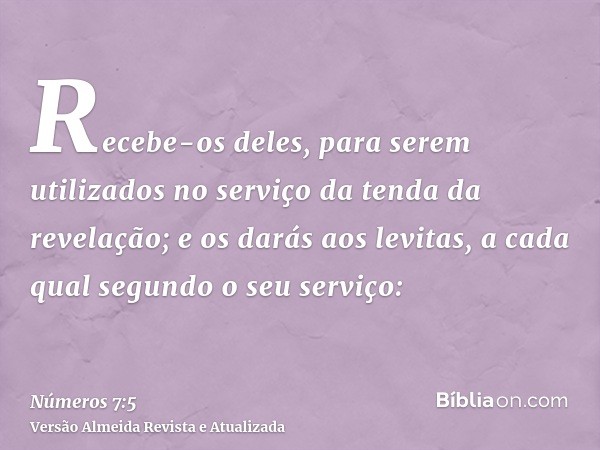 Recebe-os deles, para serem utilizados no serviço da tenda da revelação; e os darás aos levitas, a cada qual segundo o seu serviço: