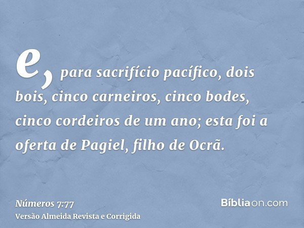 e, para sacrifício pacífico, dois bois, cinco carneiros, cinco bodes, cinco cordeiros de um ano; esta foi a oferta de Pagiel, filho de Ocrã.