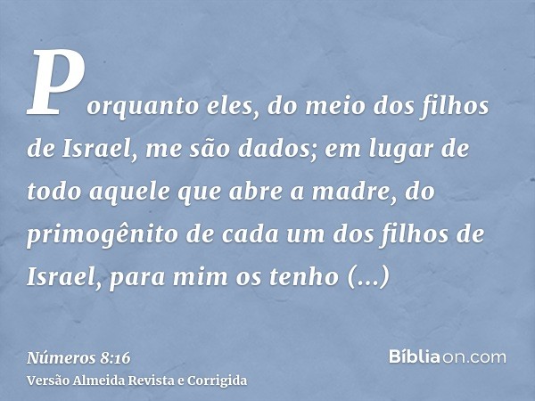 Porquanto eles, do meio dos filhos de Israel, me são dados; em lugar de todo aquele que abre a madre, do primogênito de cada um dos filhos de Israel, para mim o