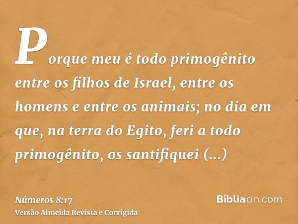 Porque meu é todo primogênito entre os filhos de Israel, entre os homens e entre os animais; no dia em que, na terra do Egito, feri a todo primogênito, os santi