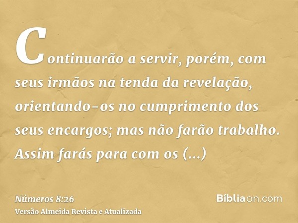 Continuarão a servir, porém, com seus irmãos na tenda da revelação, orientando-os no cumprimento dos seus encargos; mas não farão trabalho. Assim farás para com