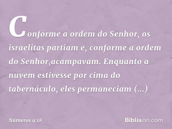 Conforme a ordem do Senhor, os israelitas partiam e, conforme a ordem do Senhor,acampavam. Enquanto a nuvem estivesse por cima do tabernáculo, eles permaneciam 