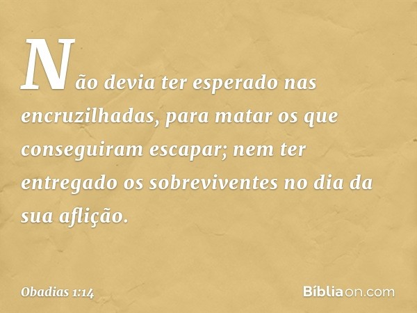 Não devia ter esperado
nas encruzilha­das,
para matar os que conseguiram escapar;
nem ter entregado os sobreviventes
no dia da sua aflição. -- Obadias 1:14