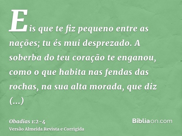 Eis que te fiz pequeno entre as nações; tu és mui desprezado.A soberba do teu coração te enganou, como o que habita nas fendas das rochas, na sua alta morada, q