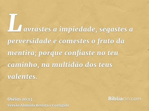 Lavrastes a impiedade, segastes a perversidade e comestes o fruto da mentira; porque confiaste no teu caminho, na multidão dos teus valentes.