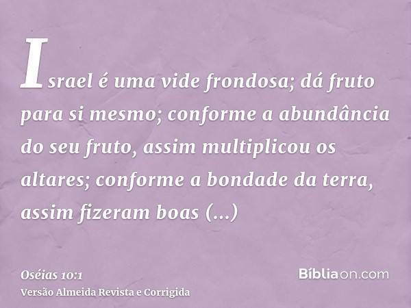 Israel é uma vide frondosa; dá fruto para si mesmo; conforme a abundância do seu fruto, assim multiplicou os altares; conforme a bondade da terra, assim fizeram