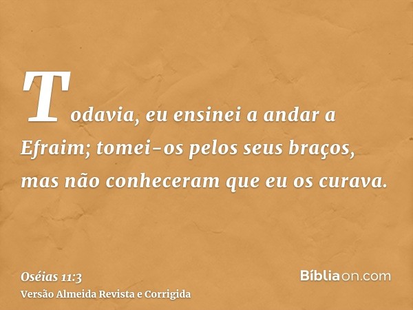 Todavia, eu ensinei a andar a Efraim; tomei-os pelos seus braços, mas não conheceram que eu os curava.