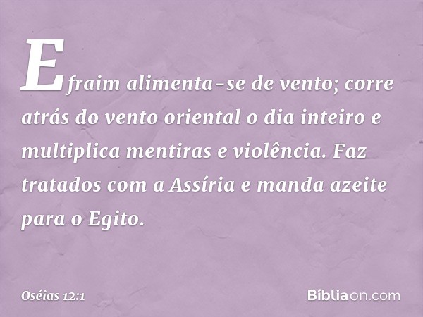 Efraim alimenta-se de vento;
corre atrás do vento oriental o dia inteiro
e multiplica mentiras e violência.
Faz tratados com a Assíria
e manda azeite para o Egi