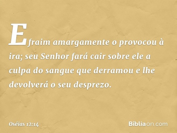 Efraim amargamente
o provocou à ira;
seu Senhor fará cair sobre ele
a culpa do sangue que derramou
e lhe devolverá o seu desprezo. -- Oséias 12:14