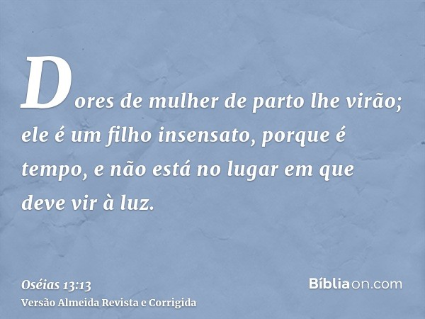 Dores de mulher de parto lhe virão; ele é um filho insensato, porque é tempo, e não está no lugar em que deve vir à luz.