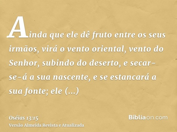 Ainda que ele dê fruto entre os seus irmãos, virá o vento oriental, vento do Senhor, subindo do deserto, e secar-se-á a sua nascente, e se estancará a sua fonte