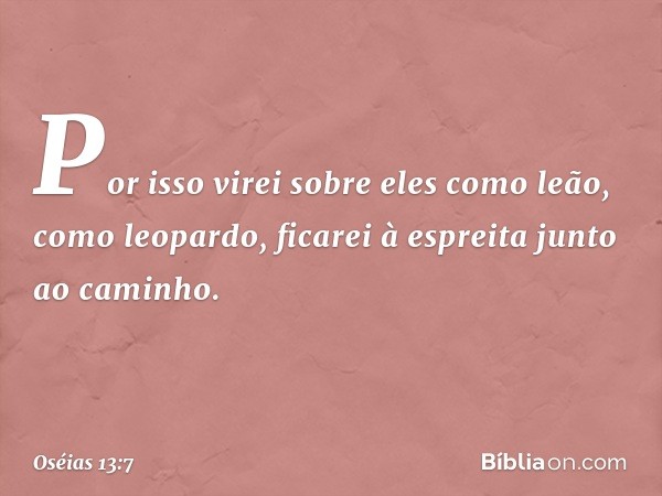 Por isso virei sobre eles como leão,
como leopardo, ficarei à espreita
junto ao caminho. -- Oséias 13:7