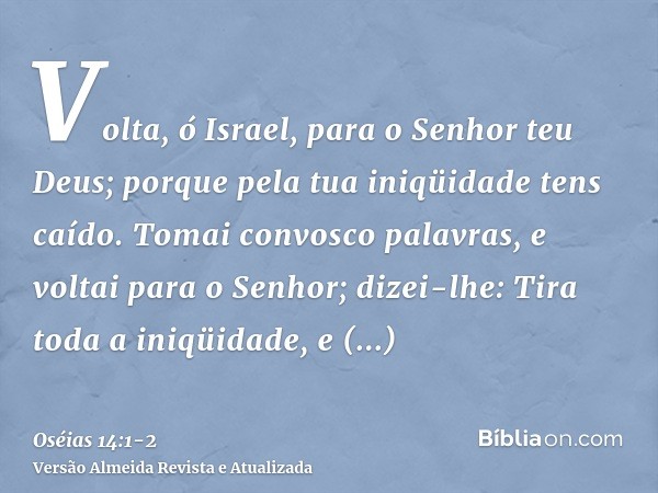 Volta, ó Israel, para o Senhor teu Deus; porque pela tua iniqüidade tens caído.Tomai convosco palavras, e voltai para o Senhor; dizei-lhe: Tira toda a iniqüidad