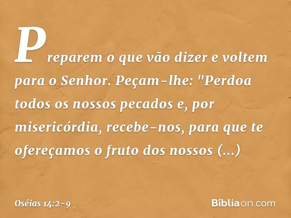 Preparem o que vão dizer
e voltem para o Senhor.
Peçam-lhe:
"Perdoa todos os nossos pecados
e, por misericórdia, recebe-nos,
para que te ofereçamos
o fruto dos 