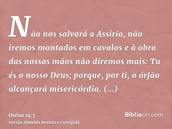 Não nos salvará a Assíria, não iremos montados em cavalos e à obra das nossas mãos não diremos mais: Tu és o nosso Deus; porque, por ti, o órfão alcançará miser