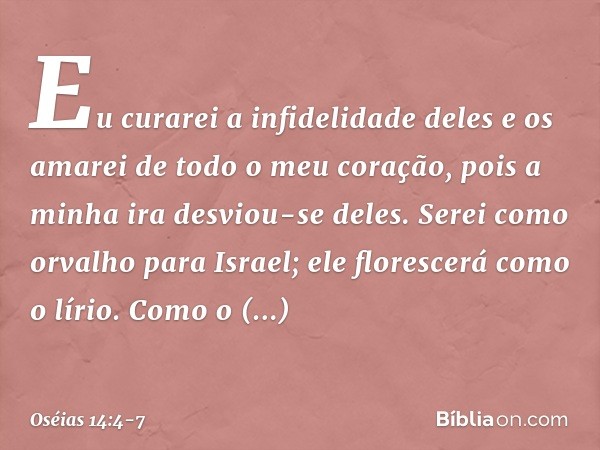 "Eu curarei a infidelidade deles
e os amarei de todo o meu coração,
pois a minha ira desviou-se deles. Serei como orvalho para Israel;
ele florescerá como o lír