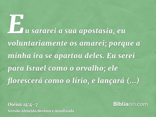 Eu sararei a sua apostasia, eu voluntariamente os amarei; porque a minha ira se apartou deles.Eu serei para Israel como o orvalho; ele florescerá como o lírio, 