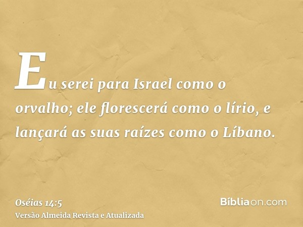 Eu serei para Israel como o orvalho; ele florescerá como o lírio, e lançará as suas raízes como o Líbano.