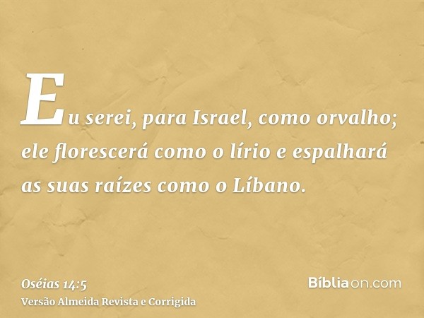 Eu serei, para Israel, como orvalho; ele florescerá como o lírio e espalhará as suas raízes como o Líbano.