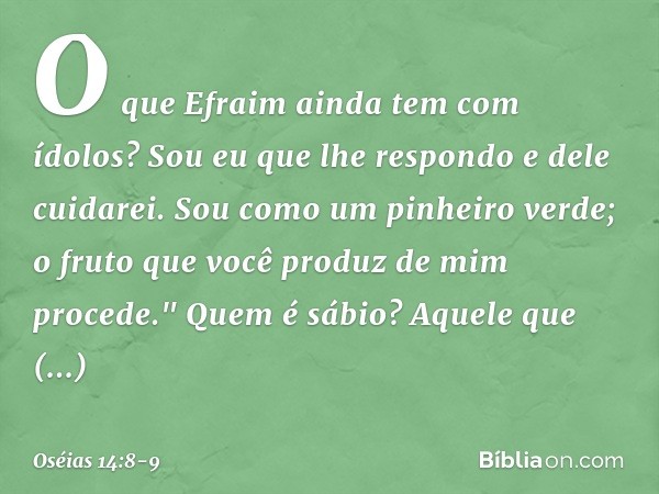 O que Efraim ainda tem com ídolos?
Sou eu que lhe respondo
e dele cuidarei.
Sou como um pinheiro verde;
o fruto que você produz
de mim procede." Quem é sábio?
A