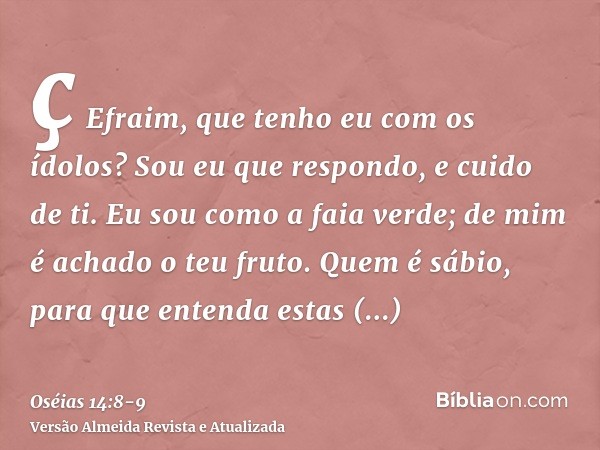 ç Efraim, que tenho eu com os ídolos? Sou eu que respondo, e cuido de ti. Eu sou como a faia verde; de mim é achado o teu fruto.Quem é sábio, para que entenda e