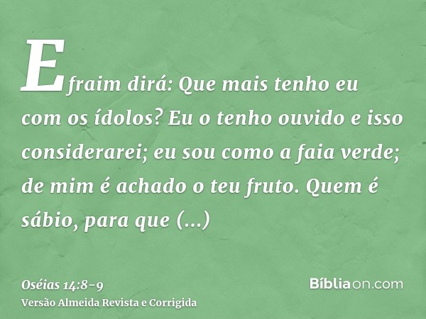 Efraim dirá: Que mais tenho eu com os ídolos? Eu o tenho ouvido e isso considerarei; eu sou como a faia verde; de mim é achado o teu fruto.Quem é sábio, para qu