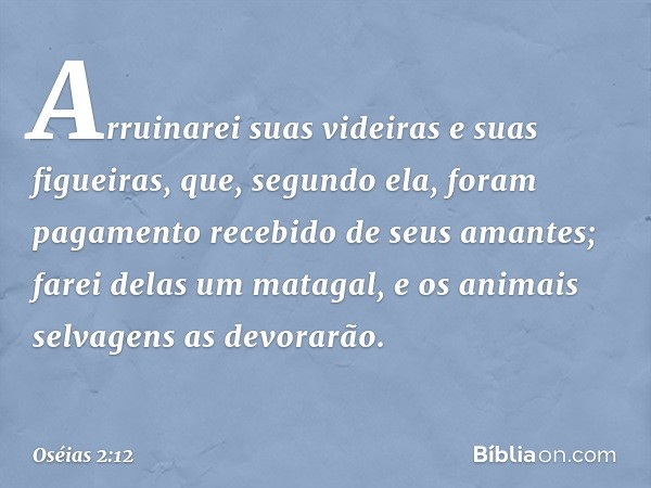 Arruinarei suas videiras
e suas figueiras,
que, segundo ela, foram pagamento
recebido de seus amantes;
farei delas um matagal,
e os animais selvagens as devorar