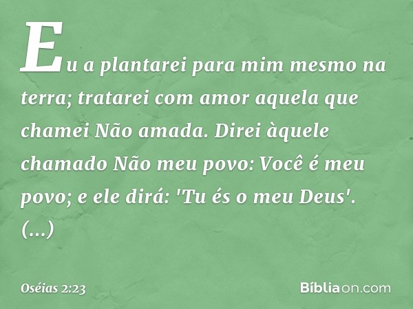 Eu a plantarei para mim mesmo
na terra;
tratarei com amor
aquela que chamei Não amada.
Direi àquele chamado
Não meu povo: Você é meu povo;
e ele dirá: 'Tu és o 