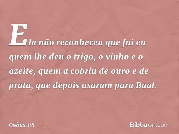 Ela não reconheceu que fui eu
quem lhe deu o trigo,
o vinho e o azeite,
quem a cobriu de ouro e de prata,
que depois usaram para Baal. -- Oséias 2:8