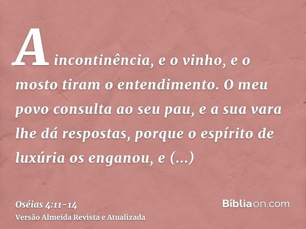 A incontinência, e o vinho, e o mosto tiram o entendimento.O meu povo consulta ao seu pau, e a sua vara lhe dá respostas, porque o espírito de luxúria os engano