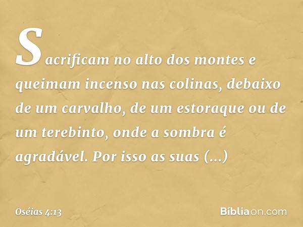 Sacrificam no alto dos montes
e queimam incenso nas colinas,
debaixo de um carvalho,
de um estoraque
ou de um terebinto,
onde a sombra é agradável.
Por isso as 