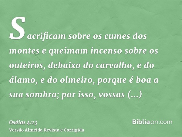 Sacrificam sobre os cumes dos montes e queimam incenso sobre os outeiros, debaixo do carvalho, e do álamo, e do olmeiro, porque é boa a sua sombra; por isso, vo
