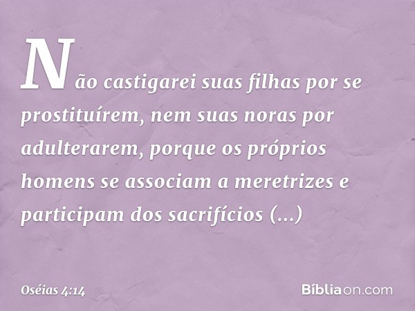 "Não castigarei suas filhas
por se prostituírem,
nem suas noras
por adulterarem,
porque os próprios homens
se associam a meretrizes
e participam dos sacrifícios