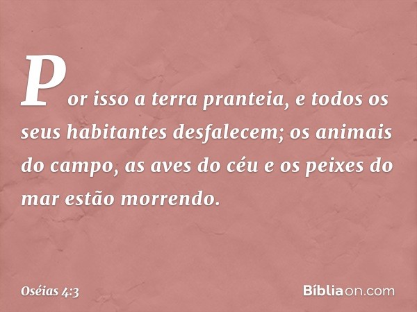 Por isso a terra pranteia,
e todos os seus habitantes desfalecem;
os animais do campo, as aves do céu
e os peixes do mar estão morrendo. -- Oséias 4:3