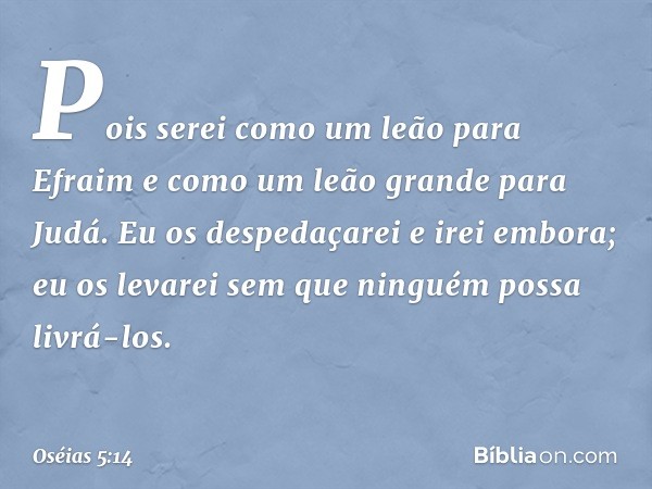 Pois serei como um leão para Efraim
e como um leão grande para Judá.
Eu os despedaçarei e irei embora;
eu os levarei
sem que ninguém possa livrá-los. -- Oséias 