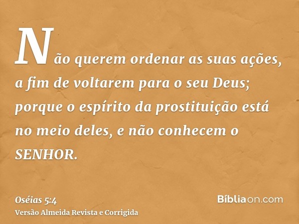 Não querem ordenar as suas ações, a fim de voltarem para o seu Deus; porque o espírito da prostituição está no meio deles, e não conhecem o SENHOR.