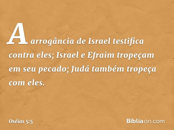 A arrogância de Israel
testifica contra eles;
Israel e Efraim tropeçam
em seu pecado;
Judá também tropeça com eles. -- Oséias 5:5