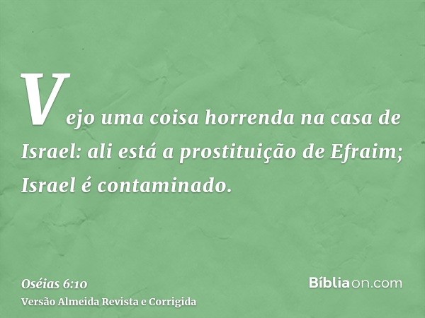 Vejo uma coisa horrenda na casa de Israel: ali está a prostituição de Efraim; Israel é contaminado.