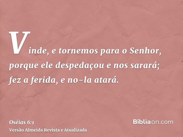 Vinde, e tornemos para o Senhor, porque ele despedaçou e nos sarará; fez a ferida, e no-la atará.