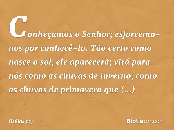 Conheçamos o Senhor;
esforcemo-nos por conhecê-lo.
Tão certo como nasce o sol,
ele aparecerá;
virá para nós como as chuvas de inverno,
como as chuvas de primave